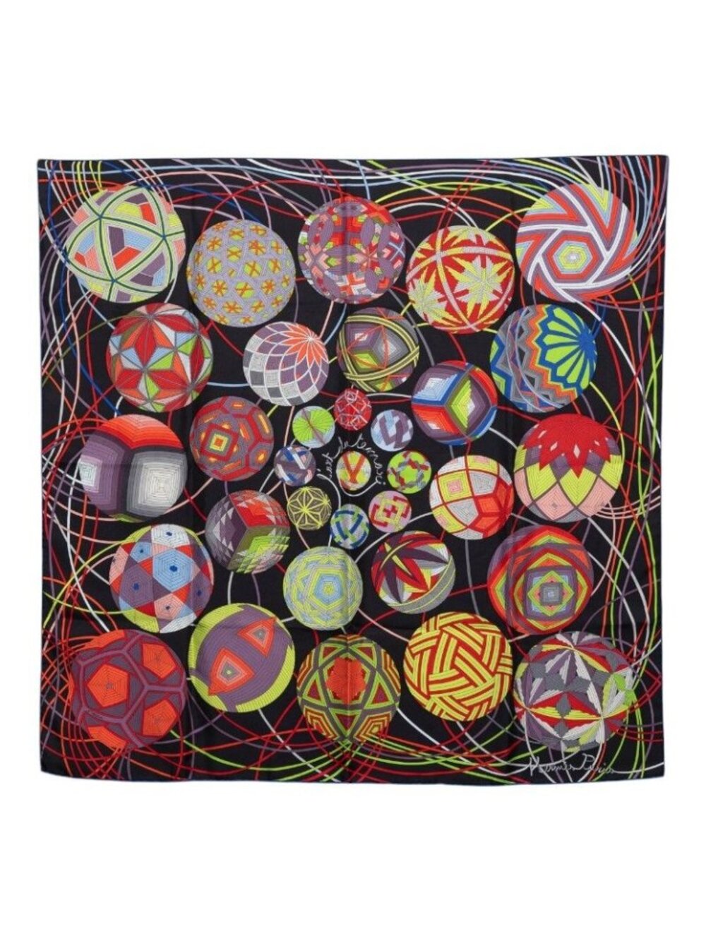 Hermes Carre 90 Lart du Temari Universe Scarf Black Multicolor Silk